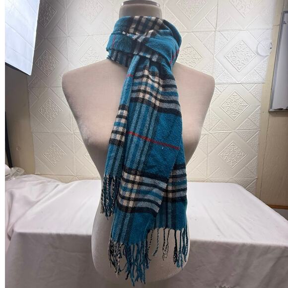 SCARF blue Flannel look teal red black white 12.5 x 65.5" with fringe extra - Picture 5 of 8